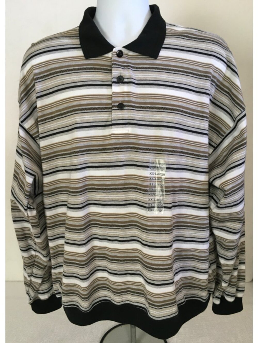 Towncraft Long Sleeve Polo Shirt Men Size XXL Black Gray Tan White Stripe New